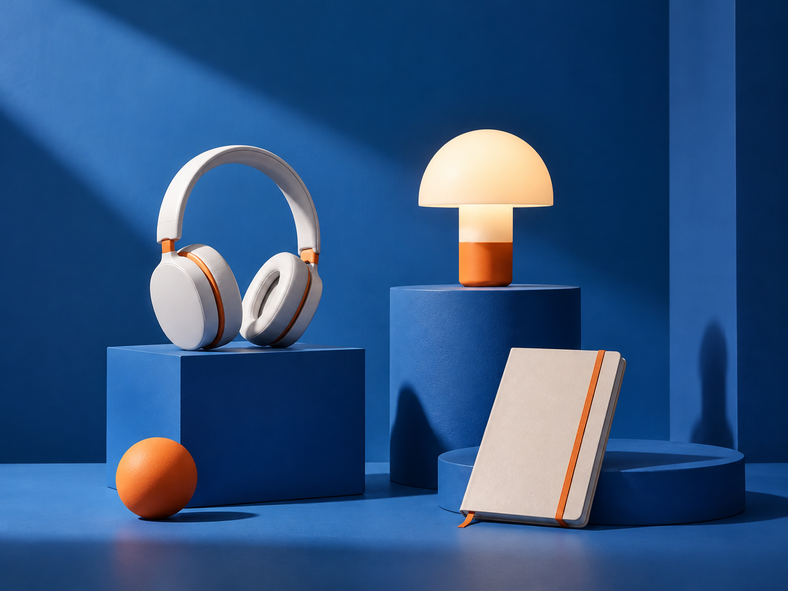 Auriculares, lámpara y libreta sobre soportes azules con detalles naranja.